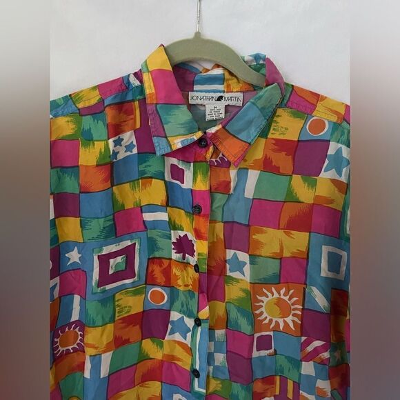 Vintage Jonathan Martin 100% Silk Button Down Short Sleeve Sun Stars M - Picture 3 of 5